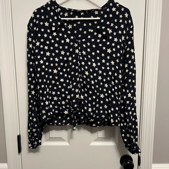 Tops - ZARA Navy Blue Black White Star Print Crop Blouse w Tie Sz Med
